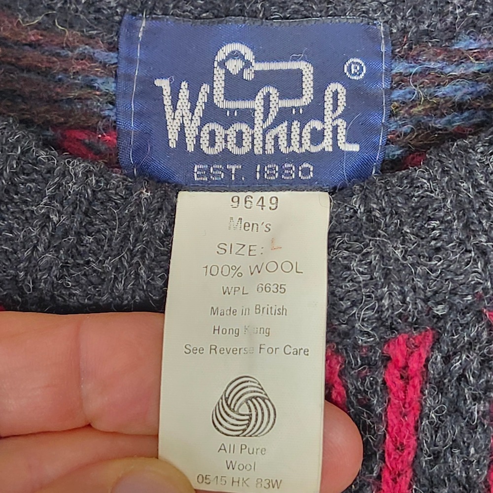 Vintage Woolrich 100% Wool Sweater Geometric Coogi Style Knit 80s Large - Picture 2 of 8